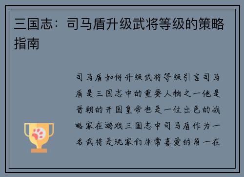 三国志：司马盾升级武将等级的策略指南