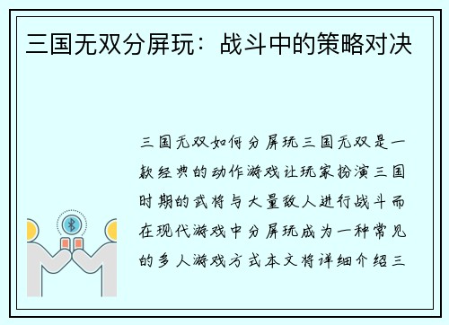 三国无双分屏玩：战斗中的策略对决